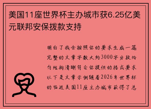 美国11座世界杯主办城市获6.25亿美元联邦安保拨款支持 美国11座世界杯主办城市获6.25亿美元联邦安保拨款支持